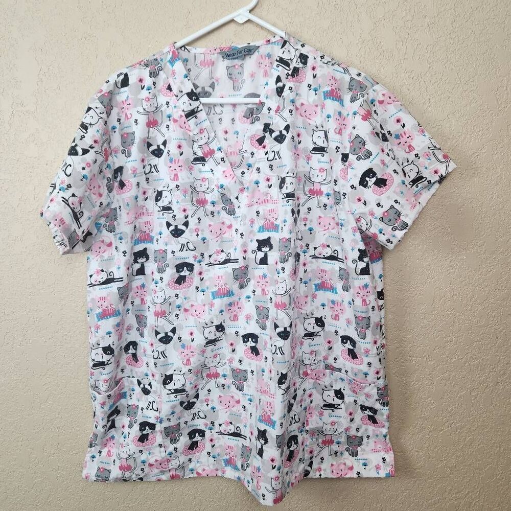Wear For Care Pink Black and White Whimsical Cat Print Scrub Top 1X (7414)